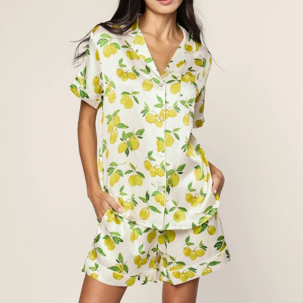 NWT Petite Plume 100% Mulberry Silk Short Pajama PJ Set- Amalfi Lemons